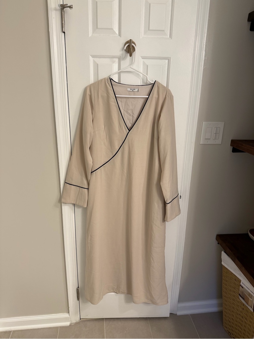 Light Beige Wrap-Style maxi Dress with Black Piping (la petit colette x nakd)